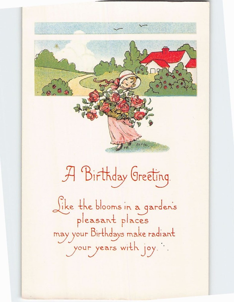 Postcard A Birthday Greeting Little Girl & Flower Art Print