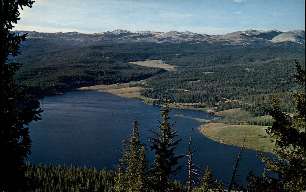 Meadowlark Lake Big Horn Mt Nation Forest Wyoming aerial view ~ 1950-60 postcard
