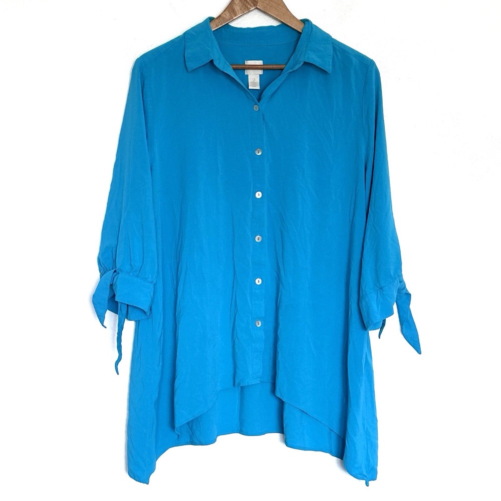 Chico’s Shirt Women’s Size 2 Teal Button Down 3/4 Sleeve Collared Top