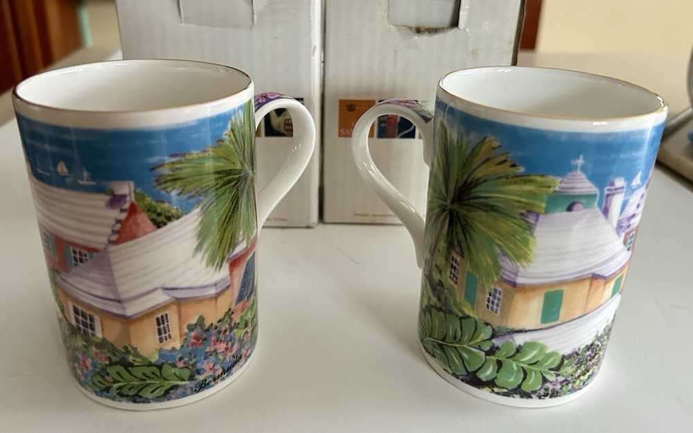 TWO Vtg James Sadler Mug Roof Tops Bermuda Porcelain Bone China  Made In England