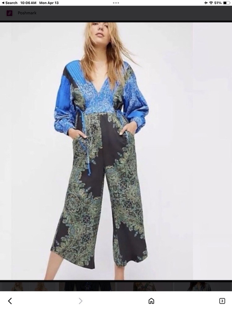 Free People Blue Green Paisley Wide-Leg V-Neck Long Sleeve Jumpsuit Drawstring