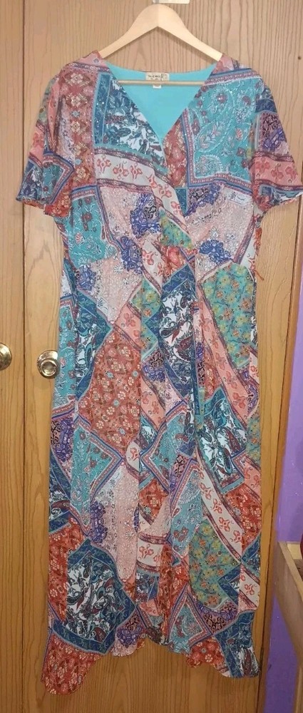 One World Partial Wrap Maxi Dress Womens Size 2XL Multicolor Patchwork...
