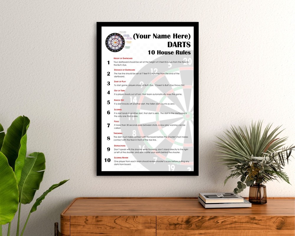 PERSONALIZED DART 10 HOUSE RULES CUSTOM FRAMED ART POSTER - GREAT FOR DARTS