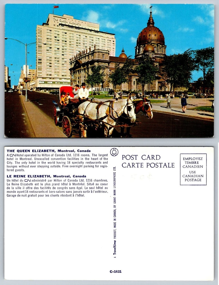 Vintage Queen Elizabeth Hotel Montreal Canada Horse Carriage Chrome Postcard