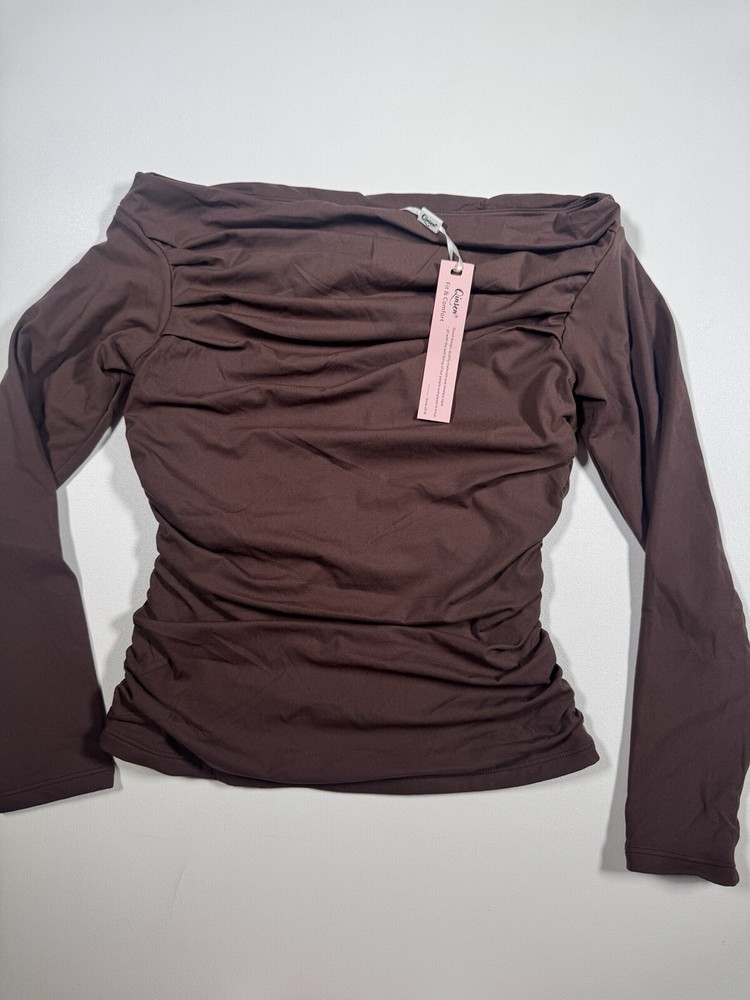 QINSEN Womens Off Shoulder Long Sleeve Tops Ruched Going Out Crop Slim Sz S