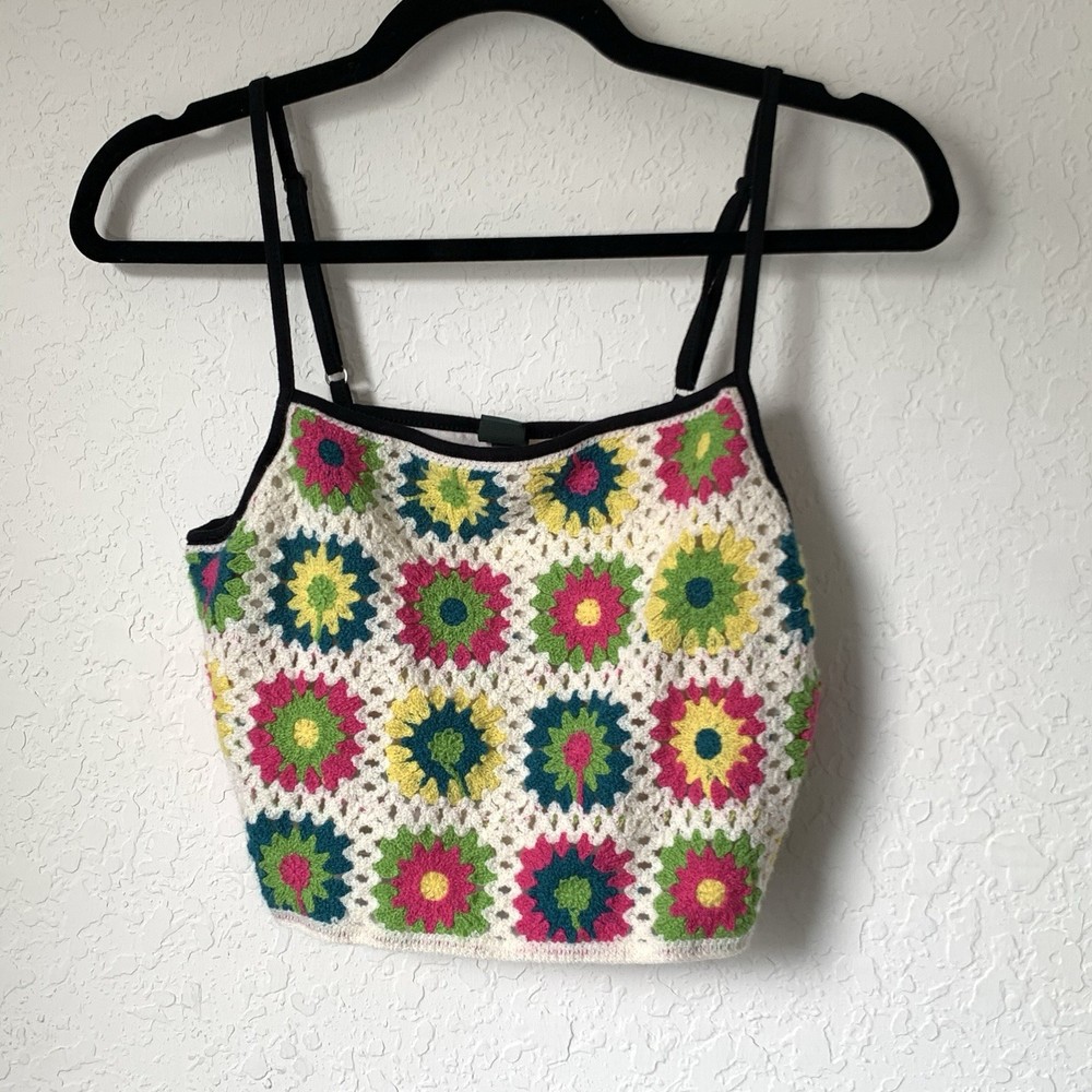 Wild Fable Crop Top Granny Squares Knit Floral Tank Colorful Women M Boho