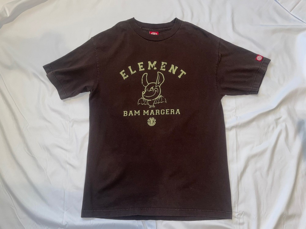 Y2K Vintage Element Bam Margera Mens Skateboard Varsity Bat Brown Tee Shirt  M
