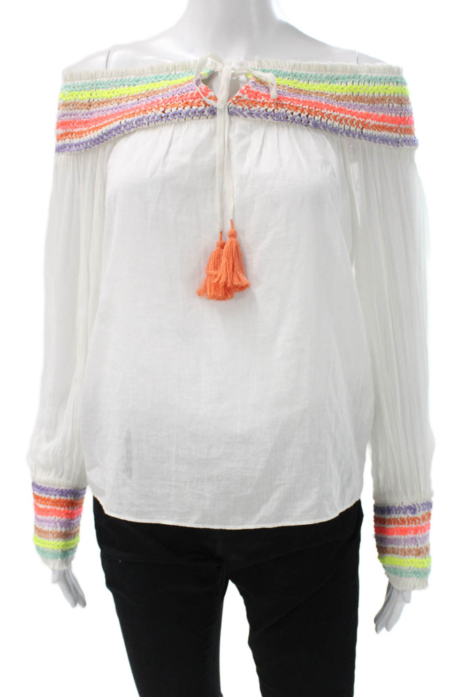 Alice + Olivia Women White Cotton Off the Shoulder Long Sleeve Blouse Size XSFree Shipping in US $100+ Orders | $6.95 Orders Below