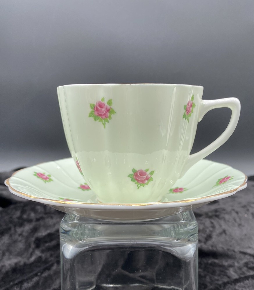 Vintage Hamilton (England) Bone China Tea Cup & Saucer,  Mint Green w/Pink Roses