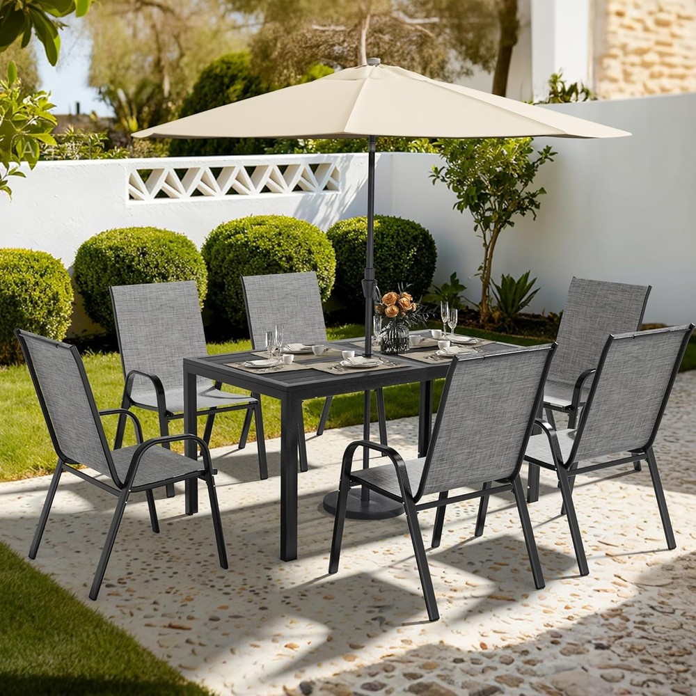 Outdoor Dining Sets for 6, Rectangular Steel Slat Table with 6 Textilene Chairs