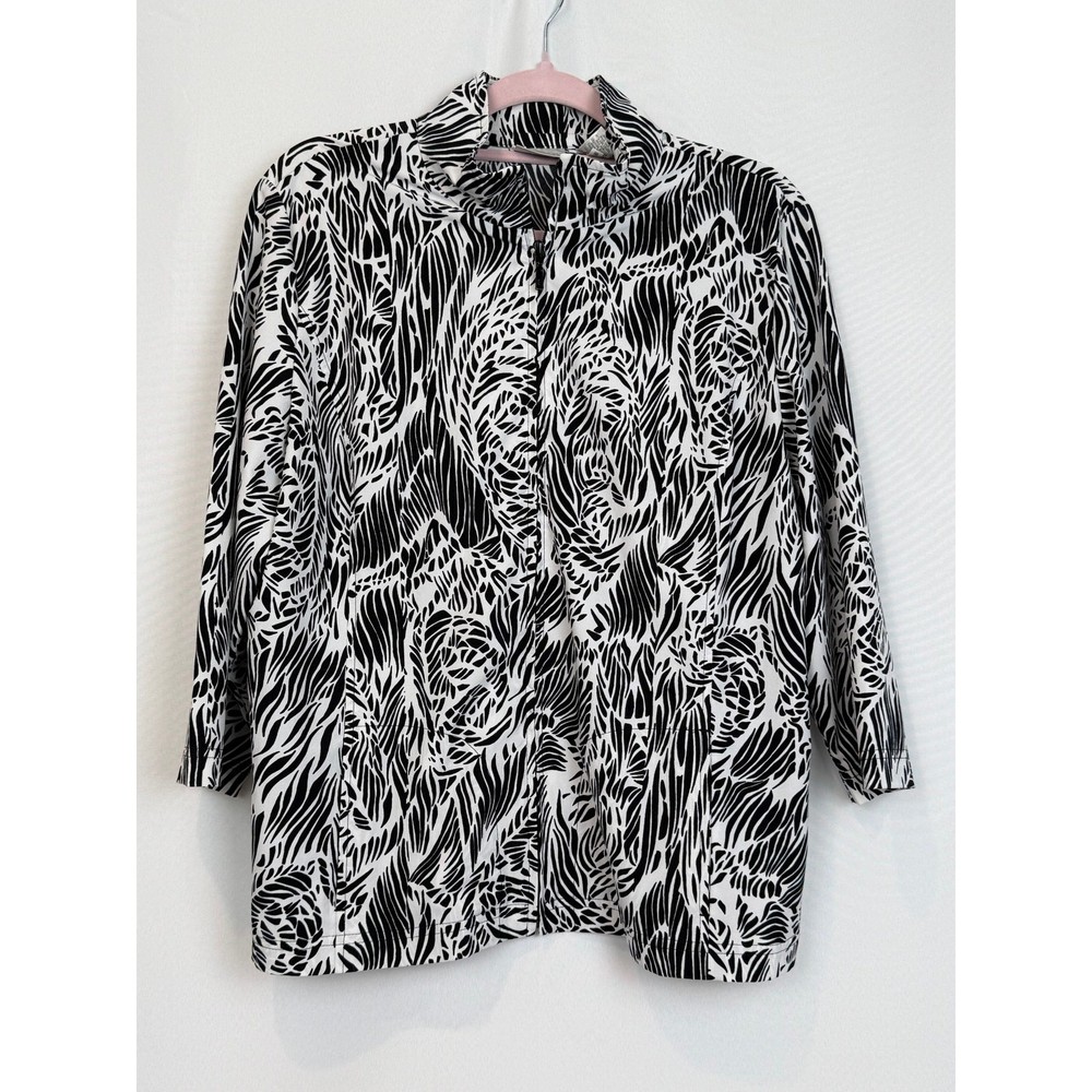 Zenergy by Chicos Black White Abstract Print Zip Jacket Womens Size 2 Large