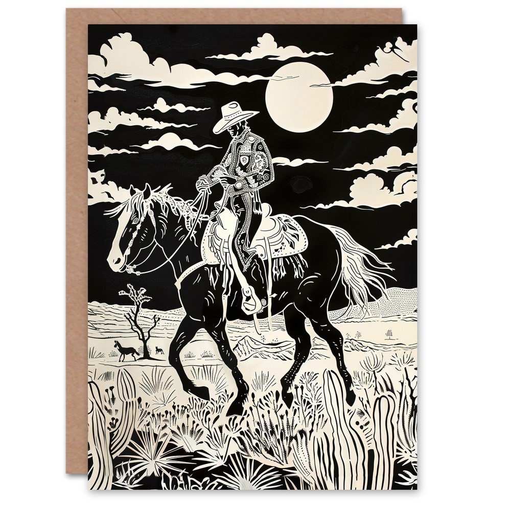 Midnight Cowboy Black and White Western Desert Greeting Card Birthday Him Her