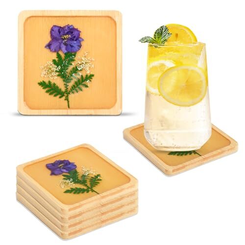 Wooden Coasters with Resin Real Flower Set of 4: Handmade Resin Coasters