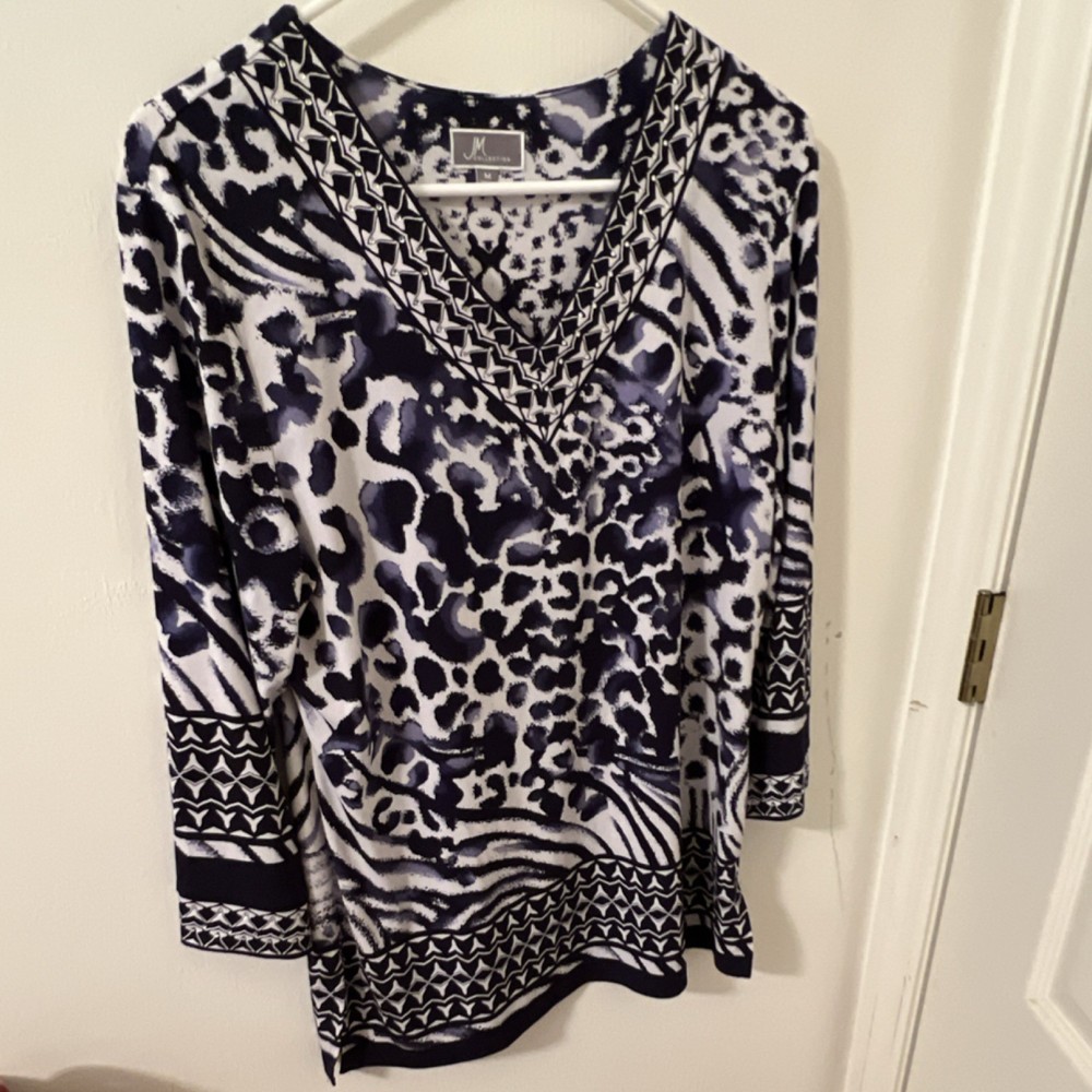 JM Collection Navy White Animal Print V-Neck Tunic Blouse Long Sleeve M