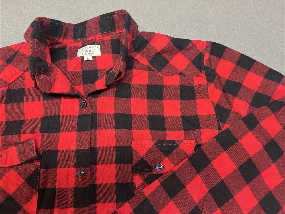 MATCHSTICK Red Buffalo Plaid Long Roll Tab Sleeve Flannel Shirt SIZE LARGE
