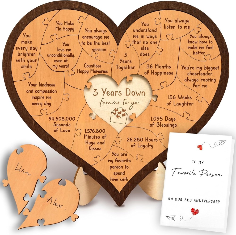 3 Year Anniversary Wooden Gifts For Him Her 3 Years Anniversary, Heart Puzzle