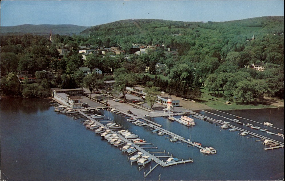 Cooperstown New York Lake Front Motel aerial marina boats ~ unused postcard