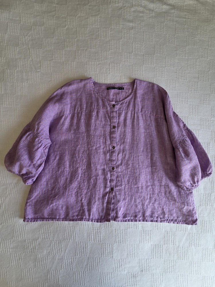 Gudrun Sjoden Women Linen Top Puff Sleeve Embroidered Purple Stripe Oversized M