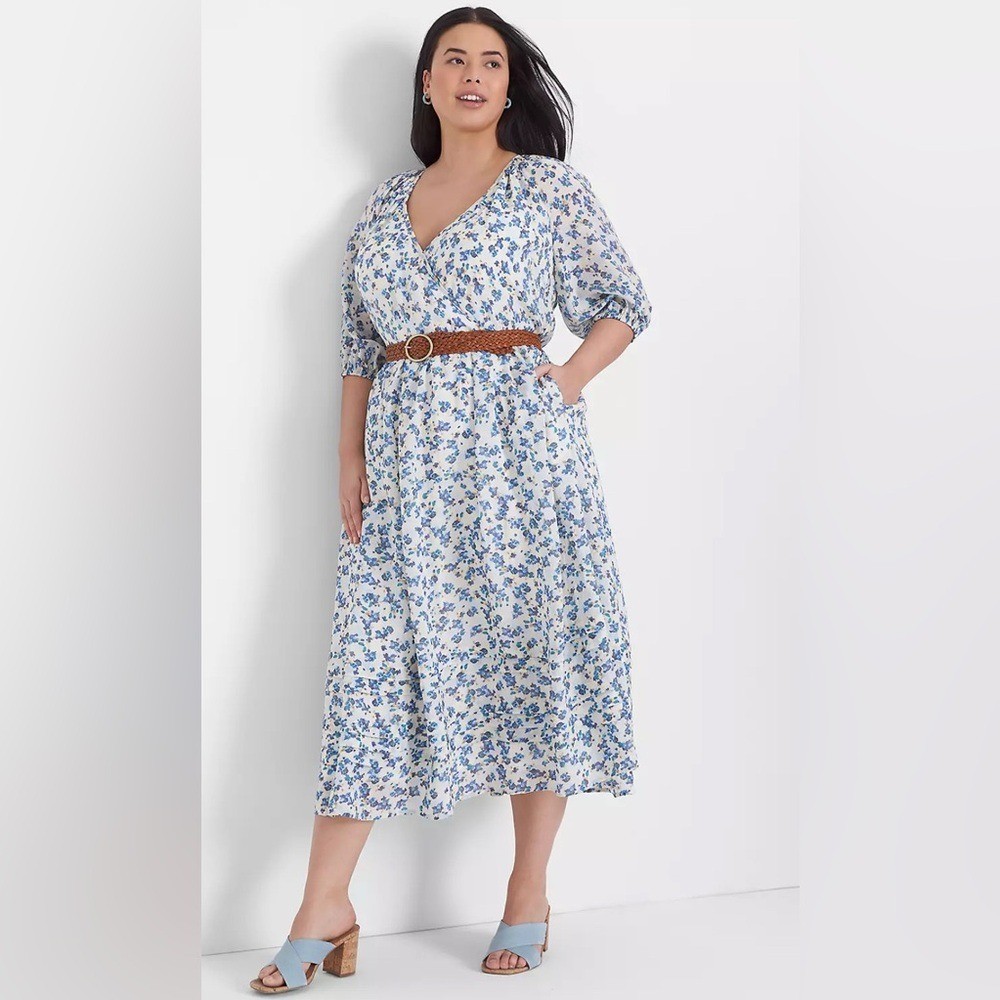 Lane Bryant Blue Floral Puff Sleeve Tuck Detail Midi Dress 22