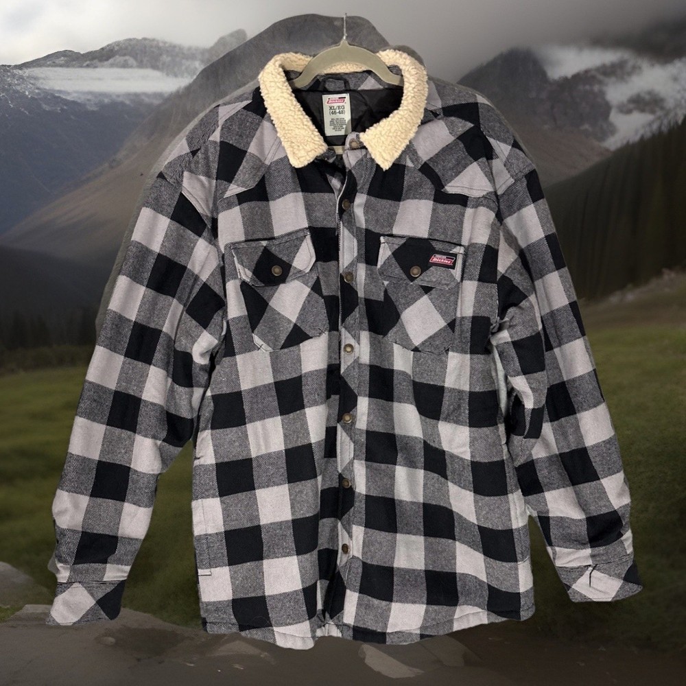 Dickies Men's Size XL Plaid Flannel Sherpa Lined Jacket Black Grey Workwear