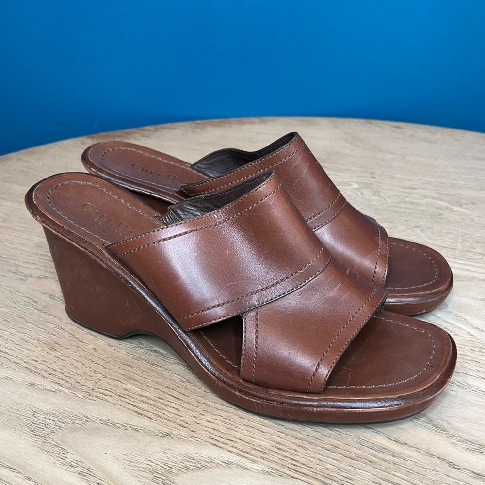 Cole Haan Country Brown Leather Wedge Heel Slide Sandals Women’s Size 10