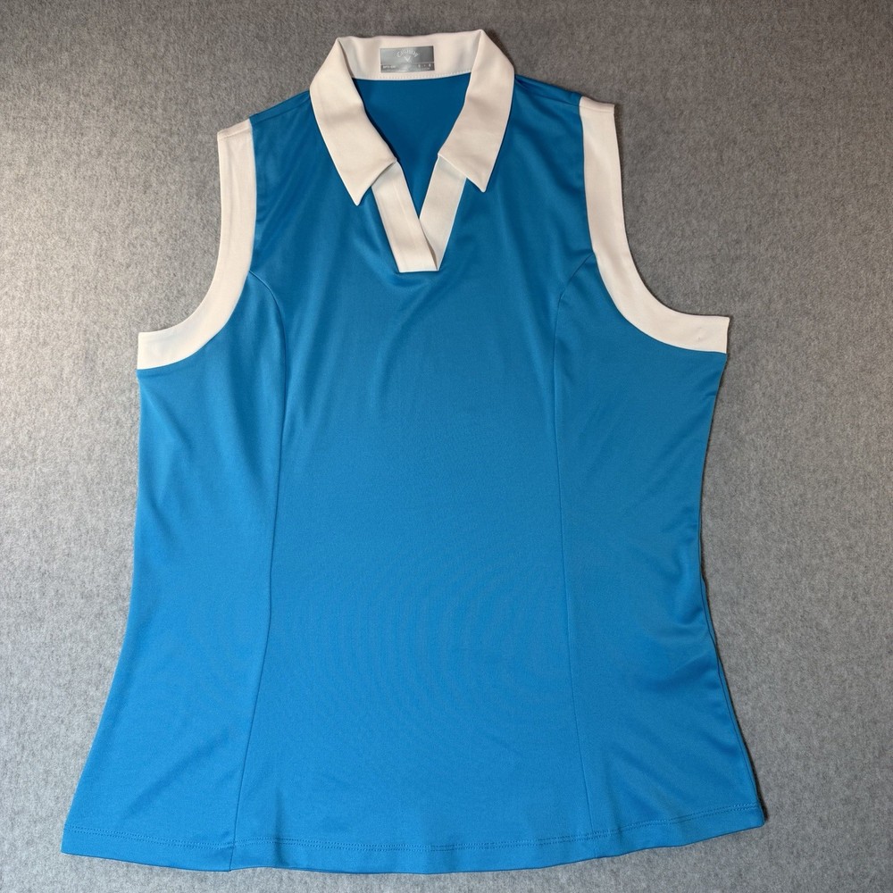 Callaway Polo Tank Top Womens Large Blue White Sleeveless Athletic Golf Shirt