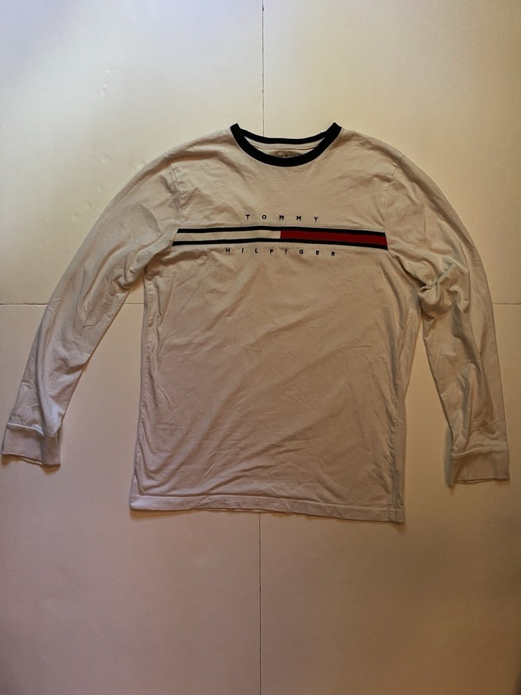 Tommy Hilfiger Long Sleeve Shirt Mens L White Flag Logo Y2K Vintage Spell Out