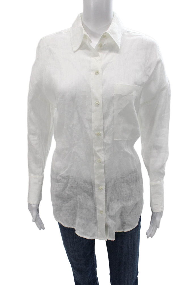 Zara Womens Linen Collared Button Up Blouse White Long Sleeve Basic Size XSFree Shipping in US $100+ Orders | $6.95 Orders Below
