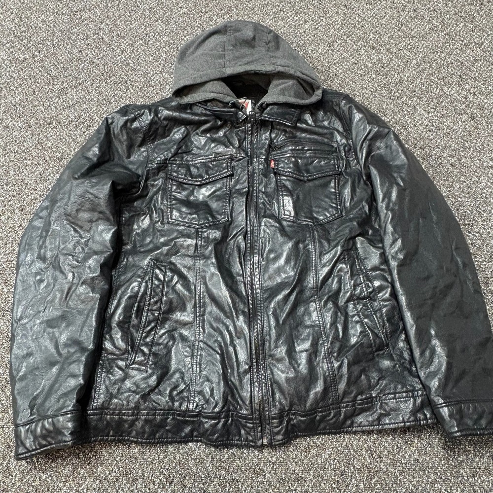 Mens Levi Strauss Faux Leather Hooded Jacket Black Sherpa Lined Large Streetwear