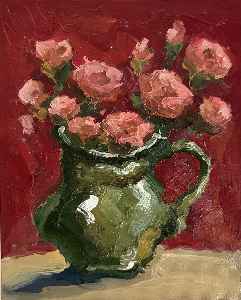 Pink Flowers Original Impressionist Oil Painting Still Life Art Roses Artwork