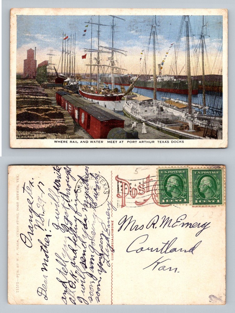 Port Arthur, TX-Texas, Where Rail & Water Meet Dock Ships Vintage c1917 Postcard
