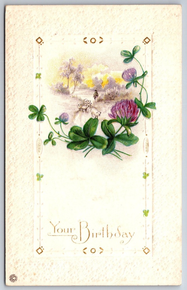 Greetings~Purple Flowers Sheep On Road Birthday~Vintage Postcard
