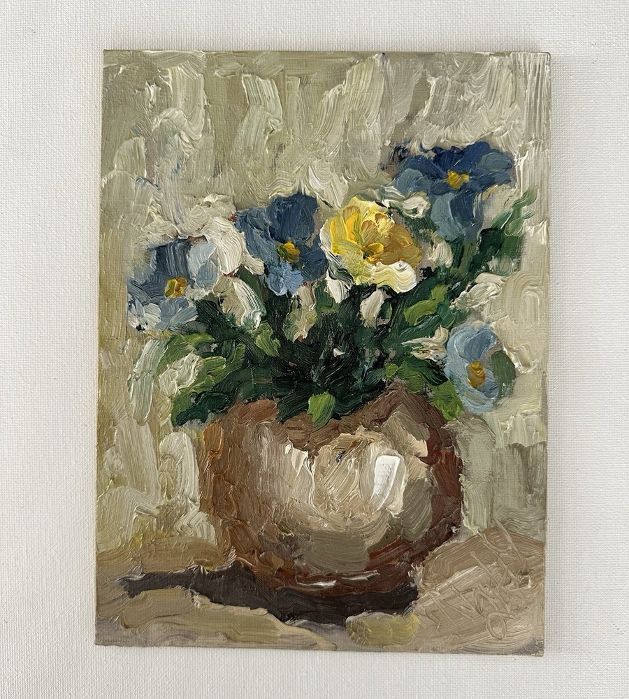 Original Pansies Impressionist Oil Painting Floral Still Life Flowers Art
