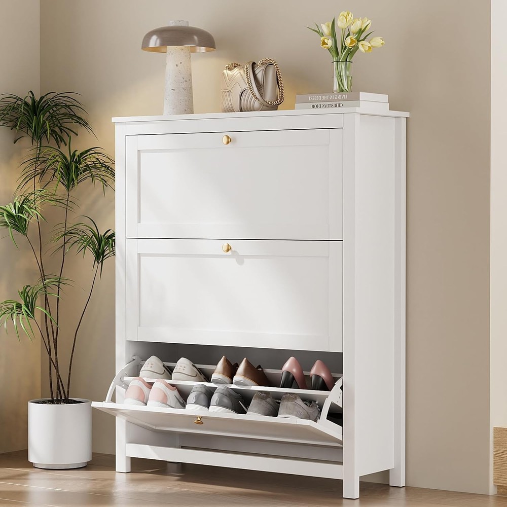 3-Drawer Flip-Down Wooden Shoe Storage Cabinet with Adjustable Shelves