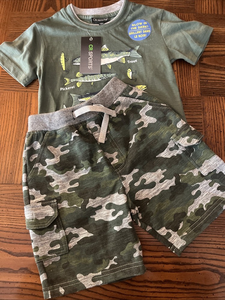 Boys 2T Summer Shorts And Tee Set Camo Green Fish Glow In The Dark