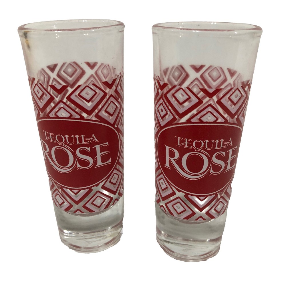 2 TEQUILA ROSE Shot GLASS with Red & Pink Diamonds Design 4 Inch