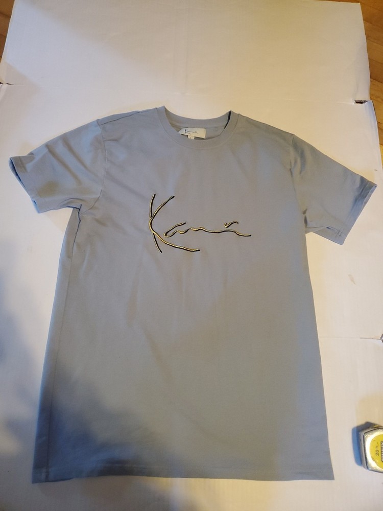 Mens Large Karl Kani Signature logo T-shirt heavy cotton blue silver 3d logo