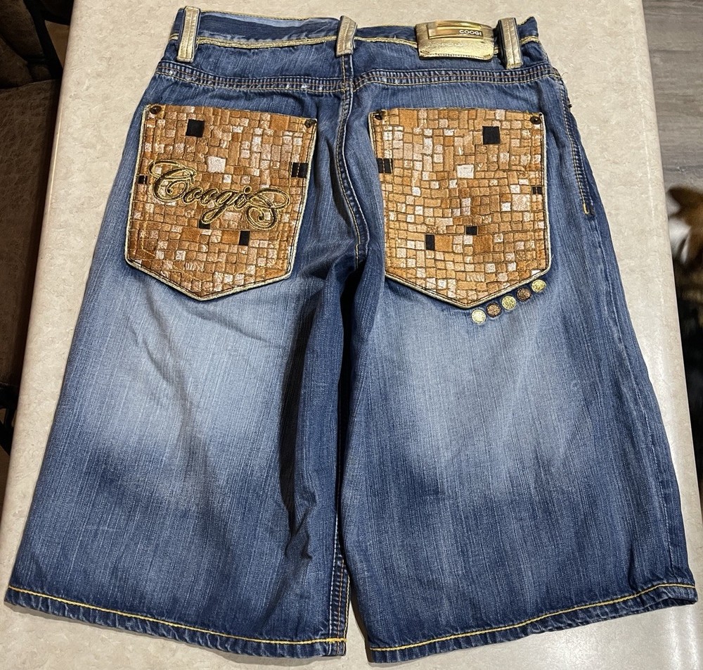 Vtg Coogi Jeans Shorts Mens Sz 32 Denim Baggy Long Brown Pockets Hip Hop 90’s