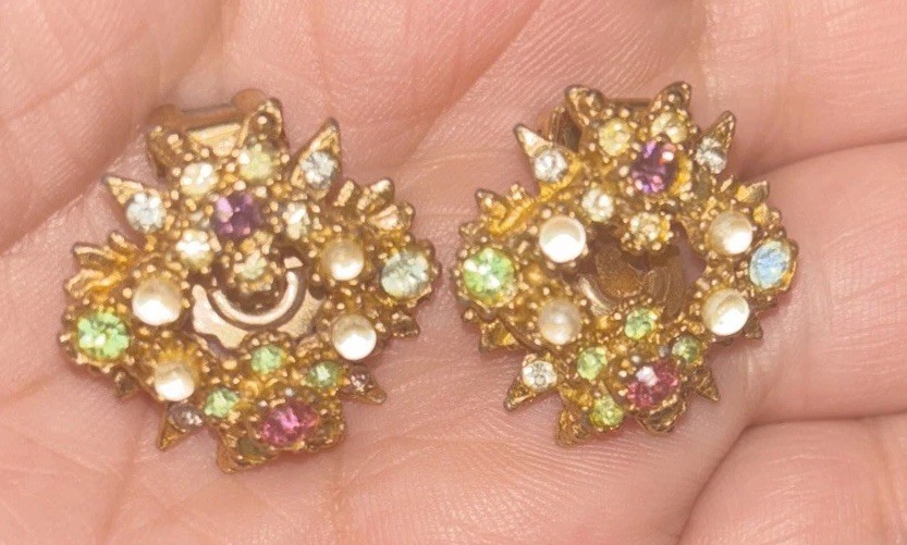 Earrings Rhinestone Multi Color Clip On Gold Tone 1” Vintage