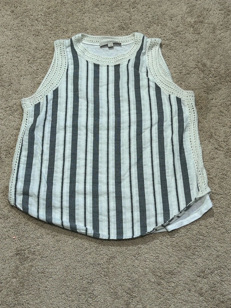 Loft Womens Shirt Size Large Linen Multicolor Striped Crochet Classic Flowy