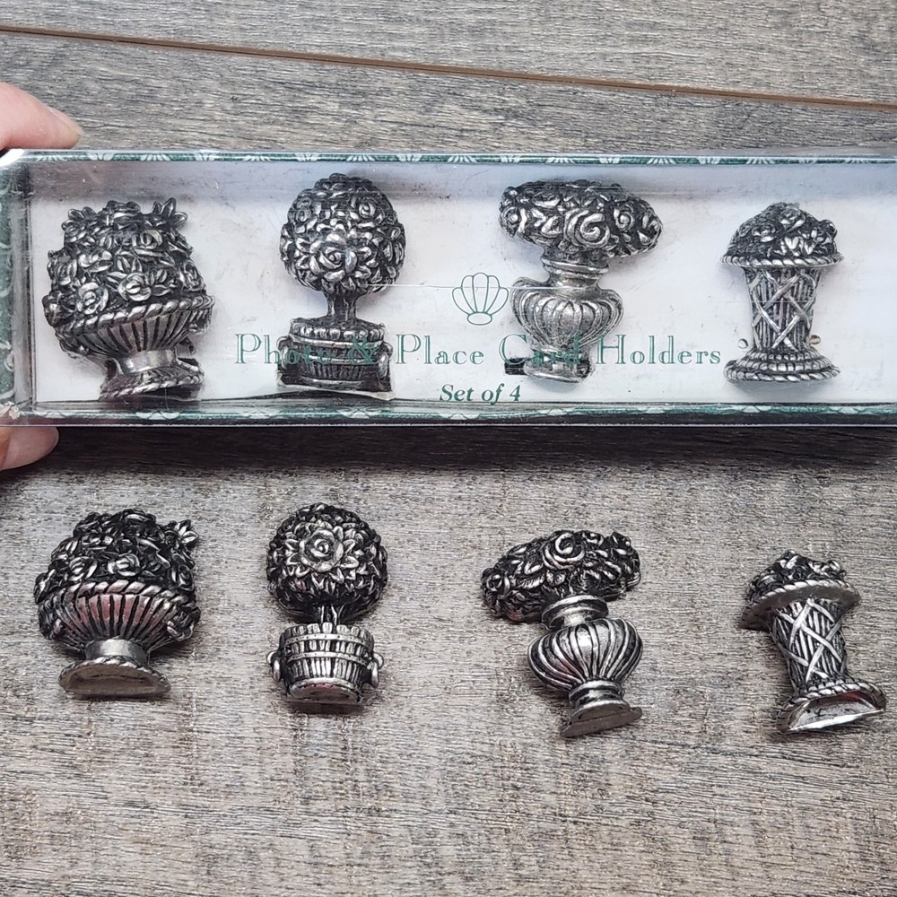 Vtg 8 Photo & Place Card Holders 4 Floral Arrangements 2 Of Each Silver Toned