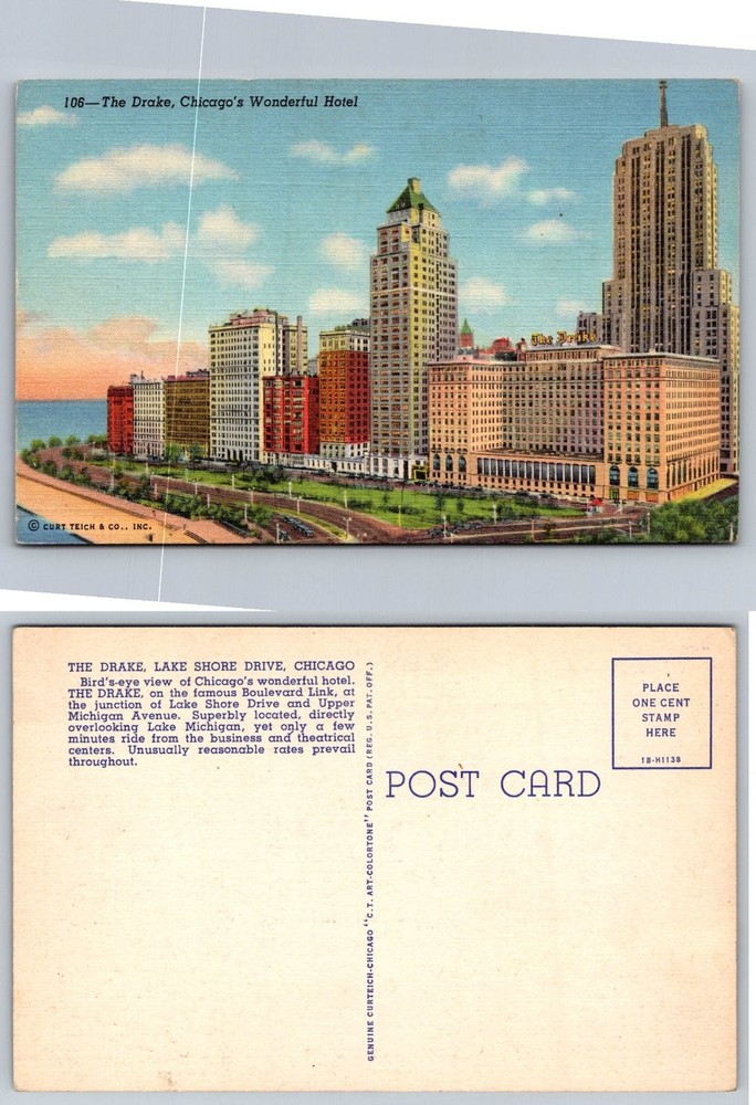 The Drake Hotel Chicago IL Lake Shore Drive Linen Postcard c1930s