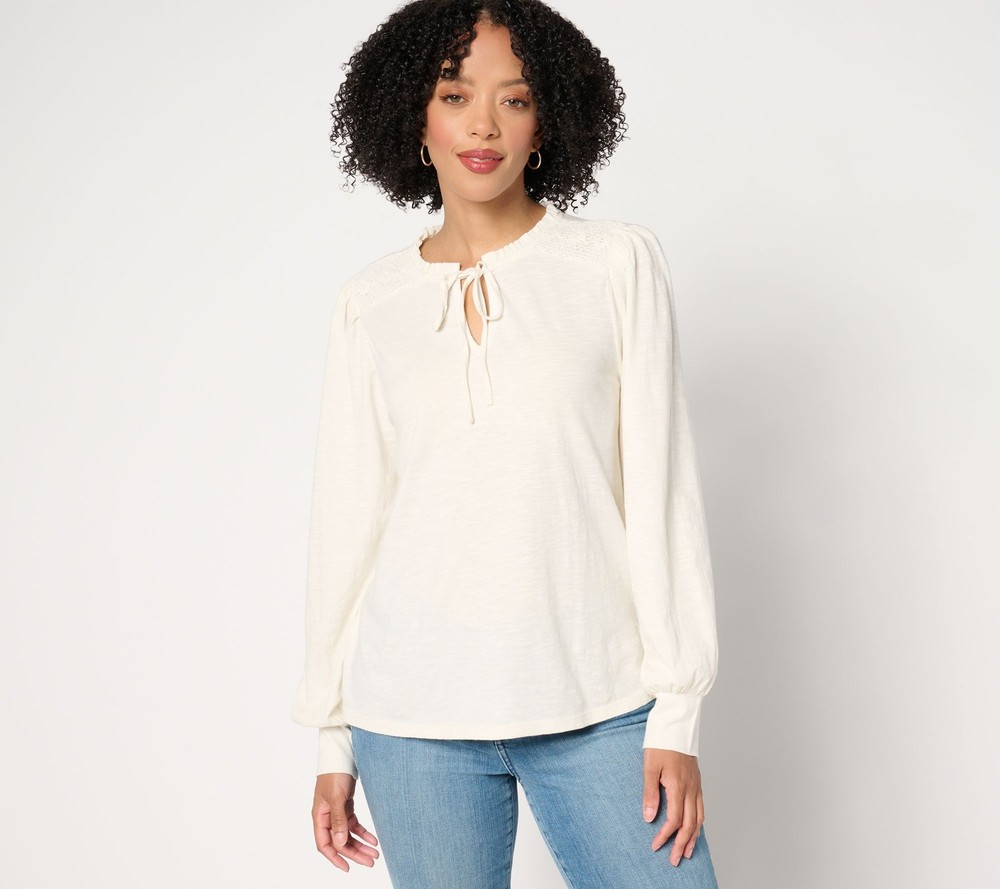 Me by Jennie Garth Women's Top Sz M Calico Knit Blouse Crochet White A658819
