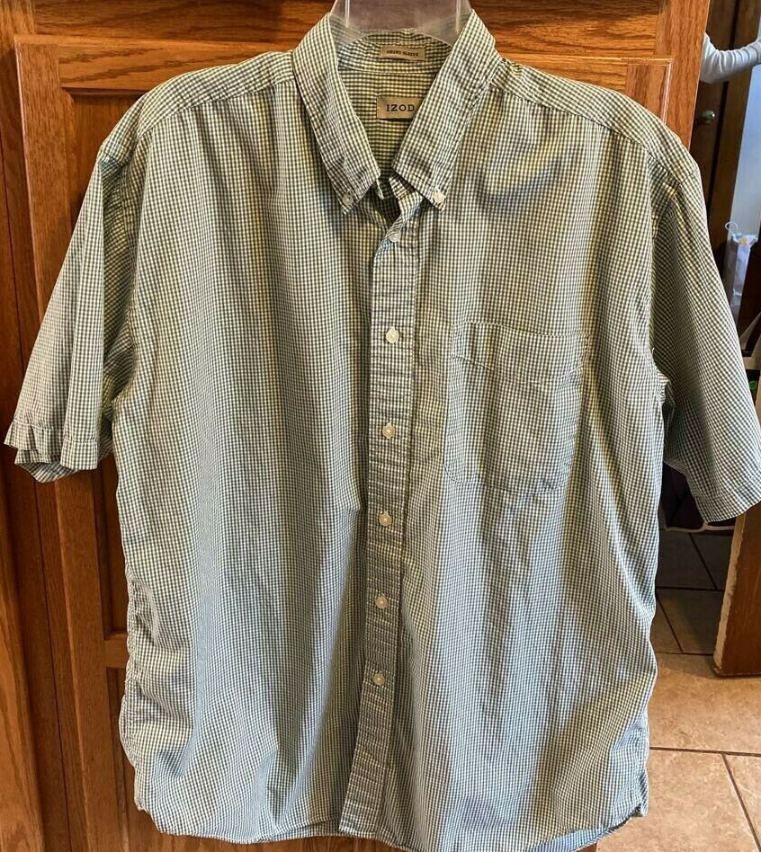 Izod Mens Button Down Shirt Green White Gingham Short Sleeve Pocket Cotton L