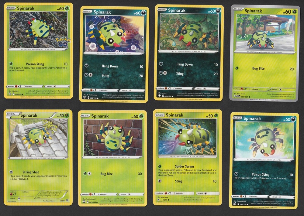 Spinarak Pokemon Card Collection Set of 8 English Cards Grass Type Basic Unique