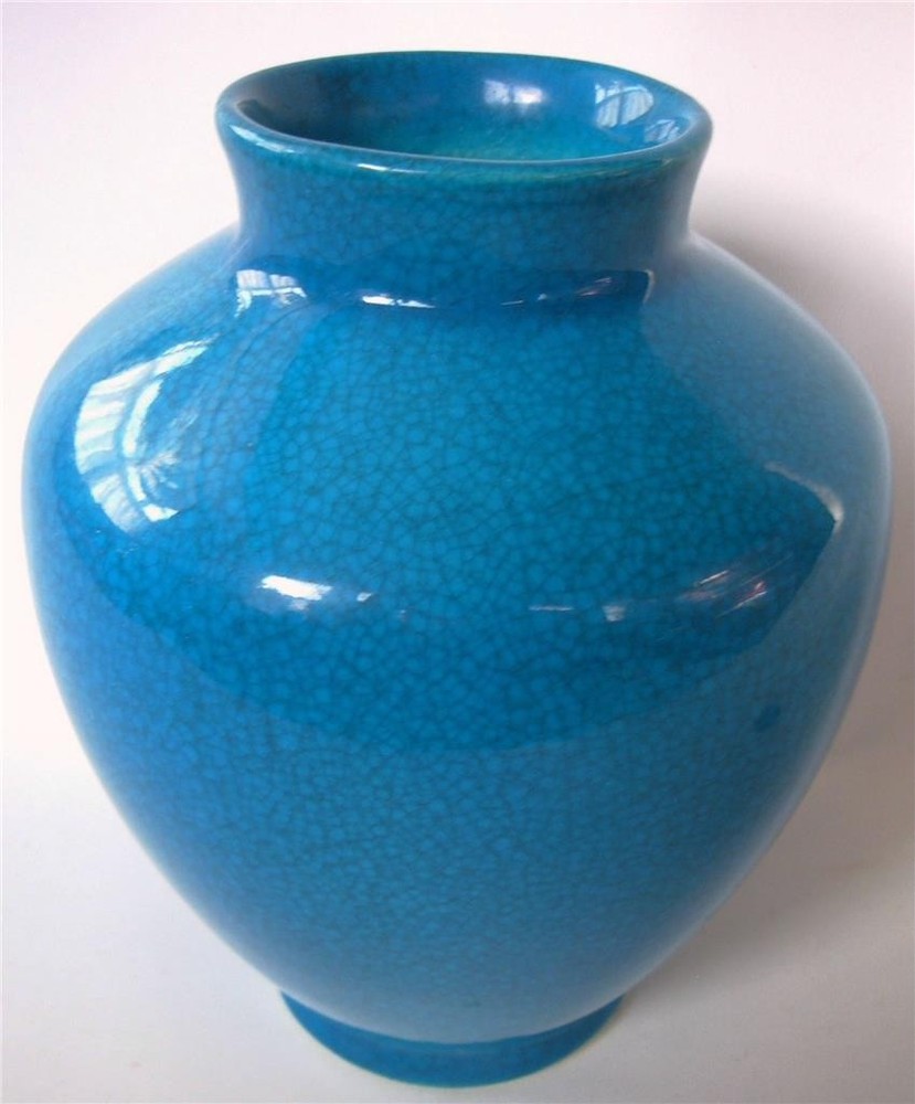 Antique Art Deco Boch Freres Charles Catteau Pottery Vase Blue Crackle 6.5 Vtg