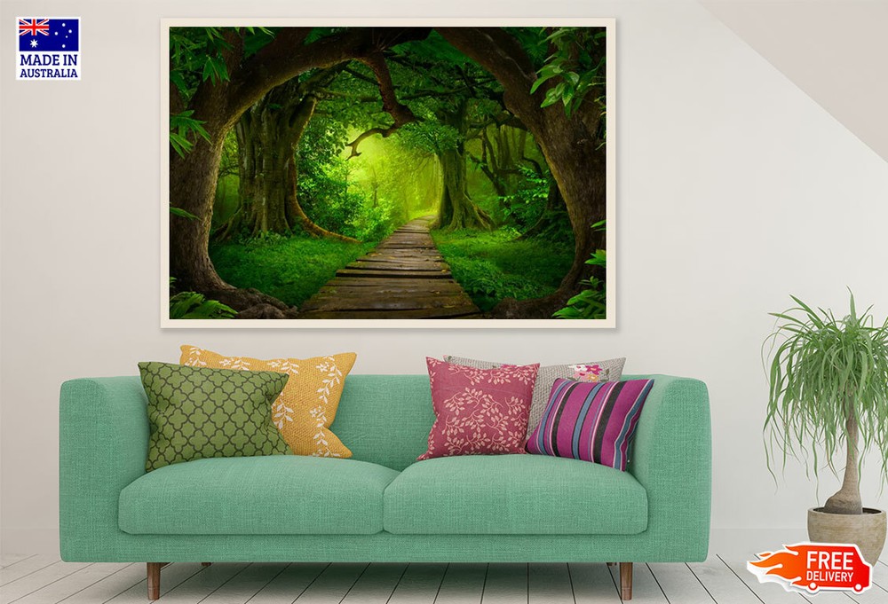 (Laminated) Wooden Path In Deep Forest View 91x61cm