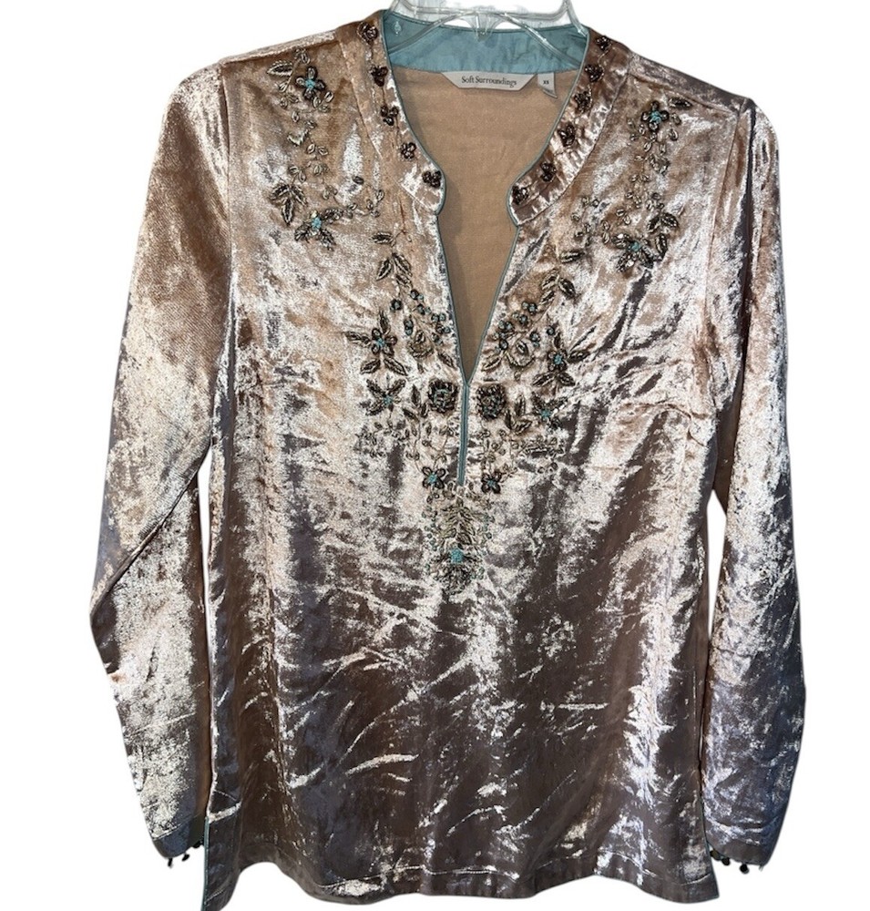 Soft Surroundings Womens XS Pink Velvet Embroidered Beaded Moroccan Tunic Top