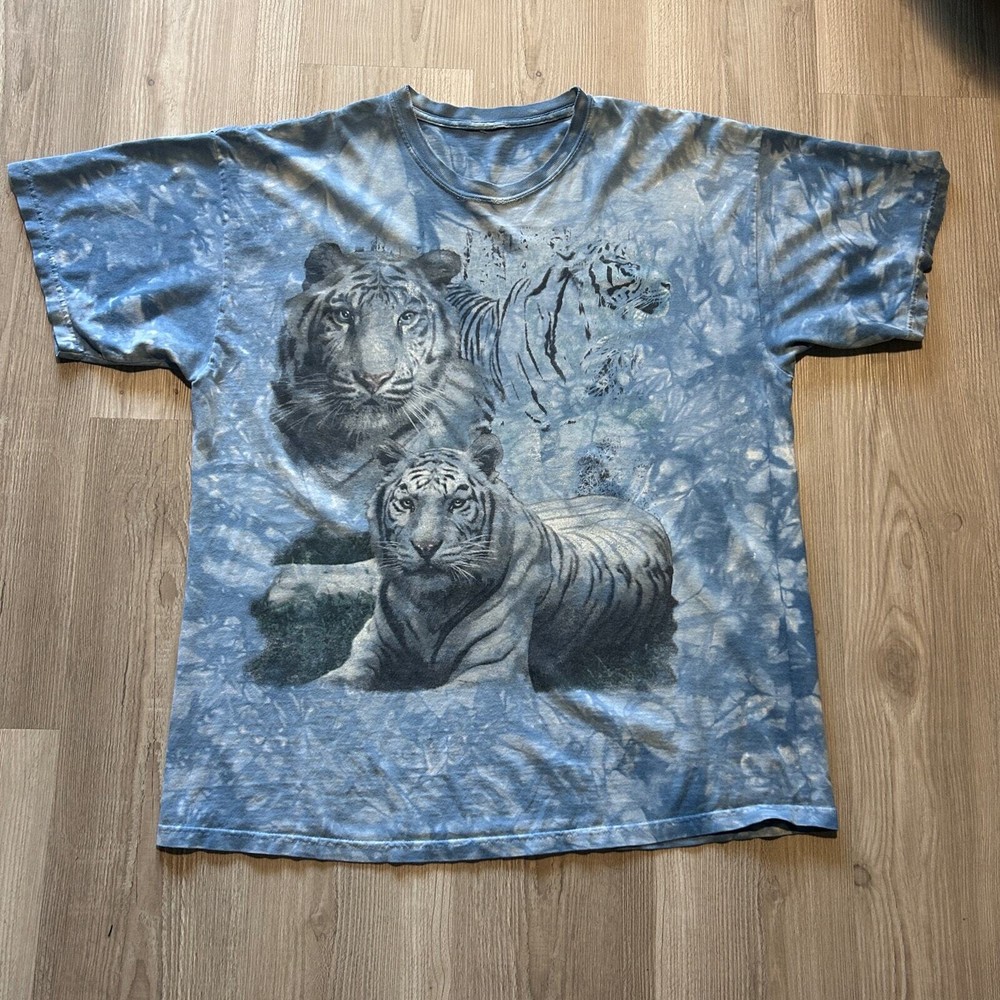 Vintage 90’s White Bengal Siberian Tiger Blue Tie Dye Nature Tee Shirt Sz XL VTG