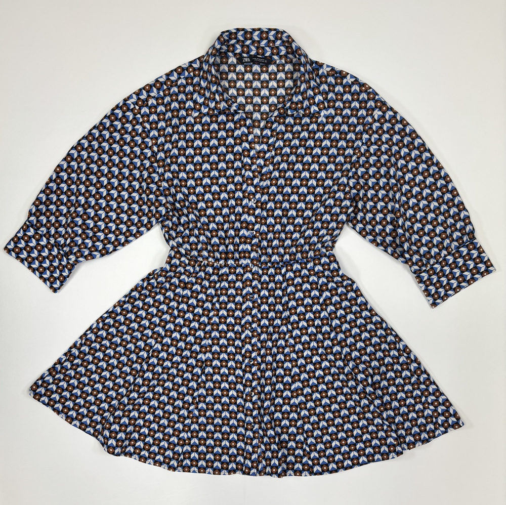 Zara Black/Blue/Brown Geo Print Mini Shirt Dress 3/4 Sleeve Womens Size Medium